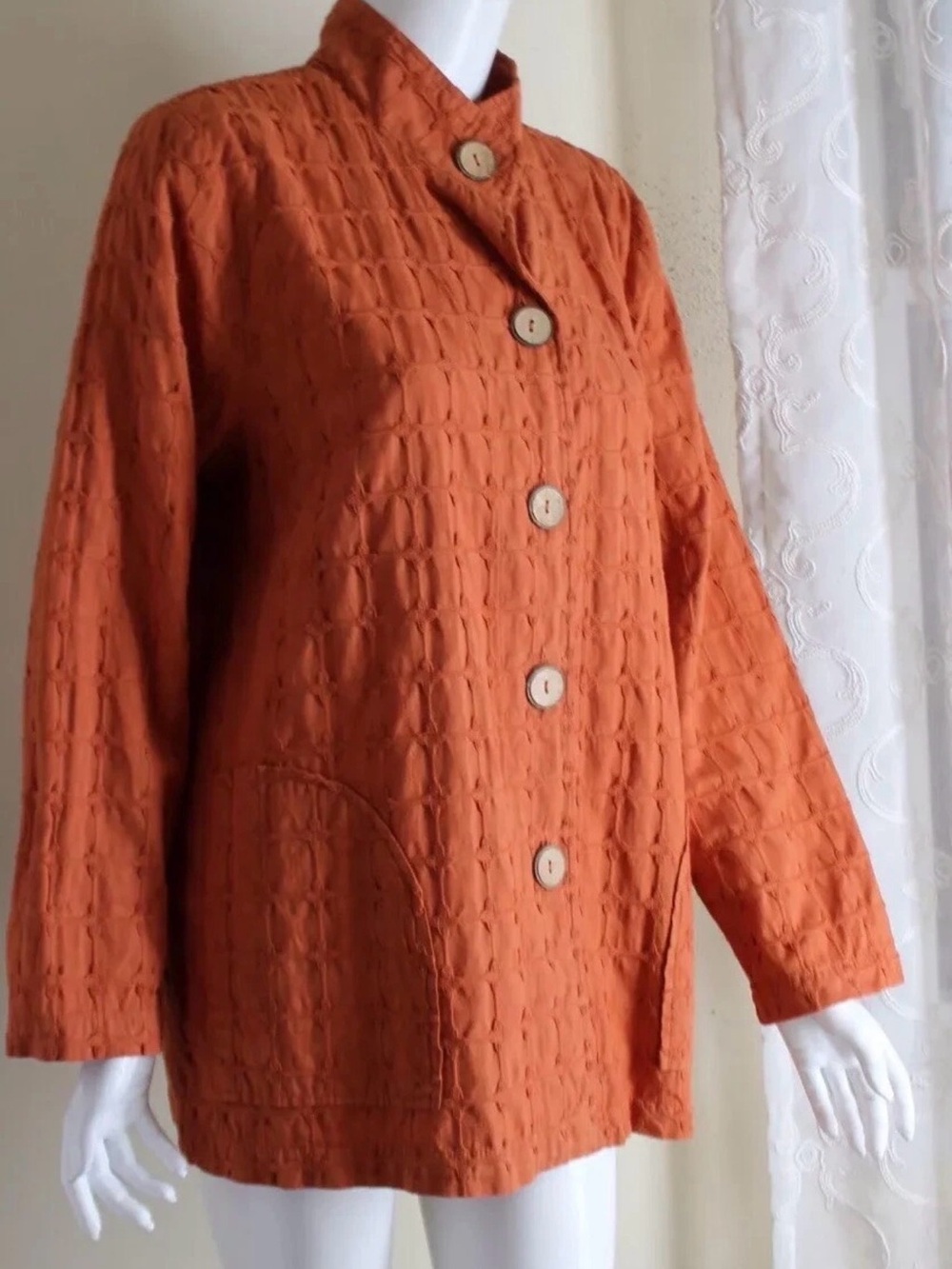 Focus Casual Life Orange Textured Lagenlook Jacket Size Large Artsy Wood Buttons